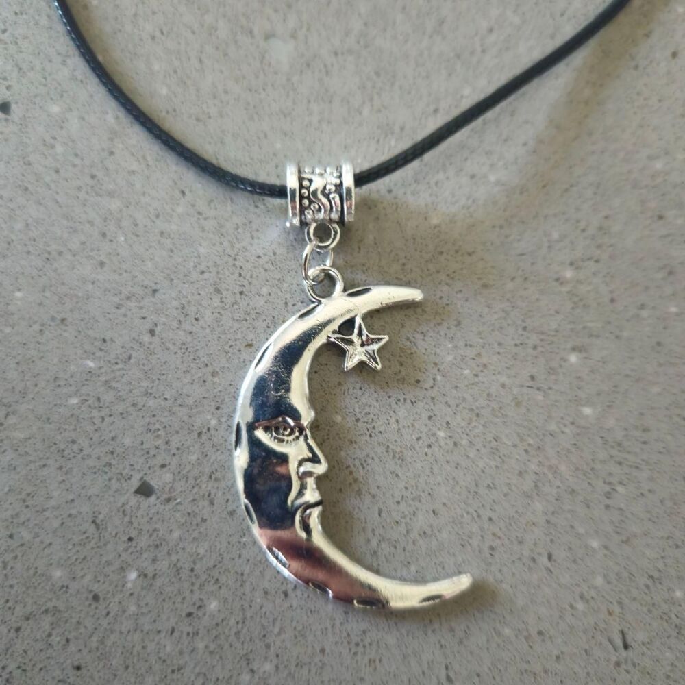 Handmade Celestial Crescent Man-In-The-Moon & Star Pendant Necklace
